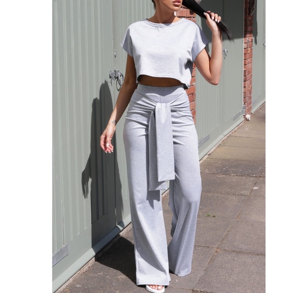 Pants - Grey Wide Leg Tie Waist Pant Loungewear Set